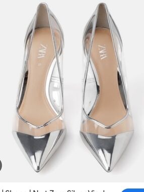 Zara Silver Pointed Toe Pumps with Clear Panels Stiletto Heels Sz 8